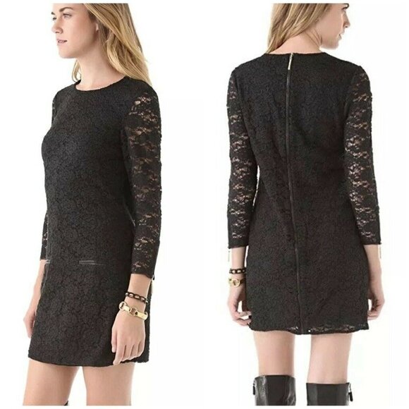 $298 Juicy Couture Sz XS Black Lace Mini Dress Faux Leather Trim Shift Sheath - Picture 1 of 12